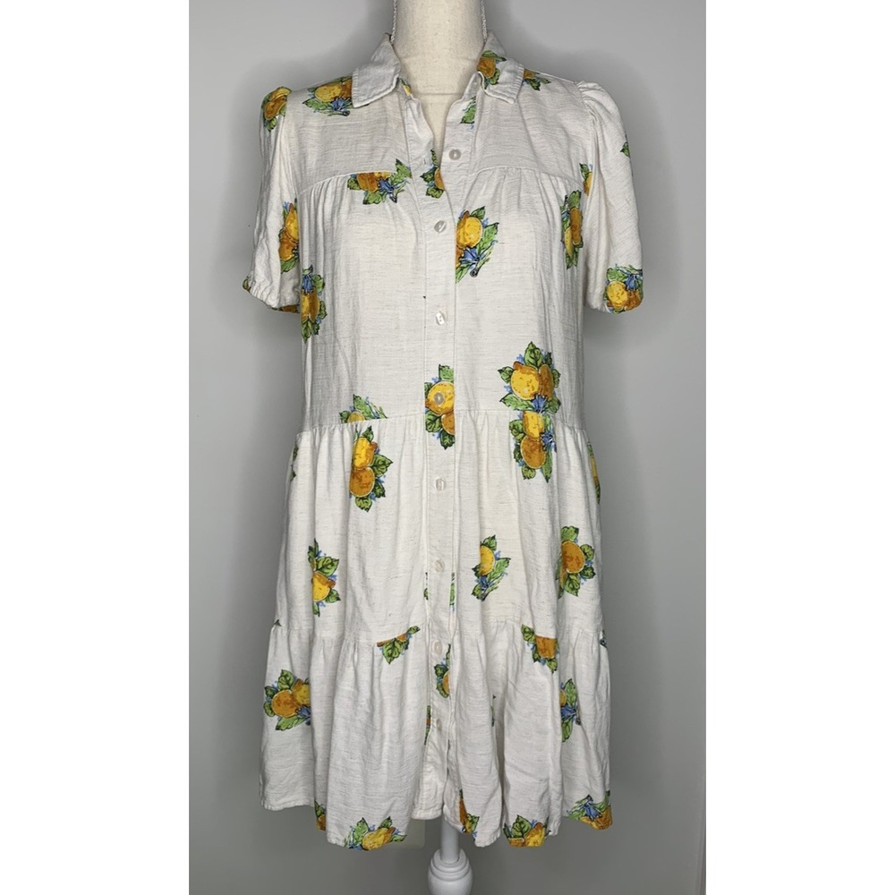Jane + Delancey Short Sleeve Mini Dress Pockets Fruit Lemon Vacation M Linen Ble - Picture 2 of 11
